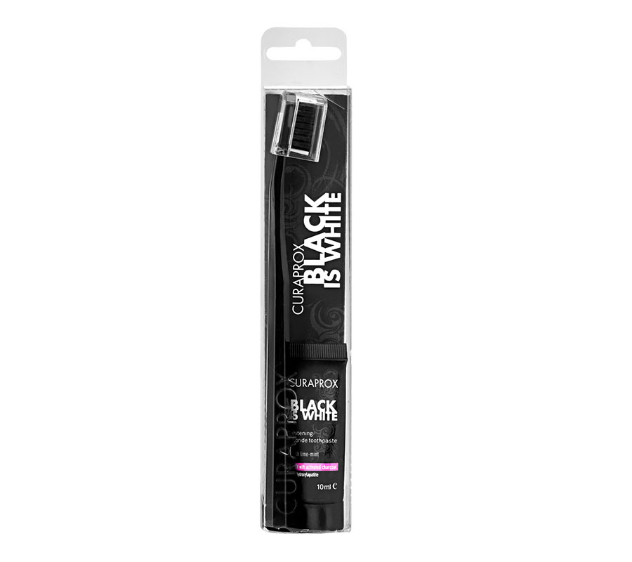 Зубная щетка Curaprox Black Is White 8760 + Миниверсия зубной пасты Curaprox Black Is White