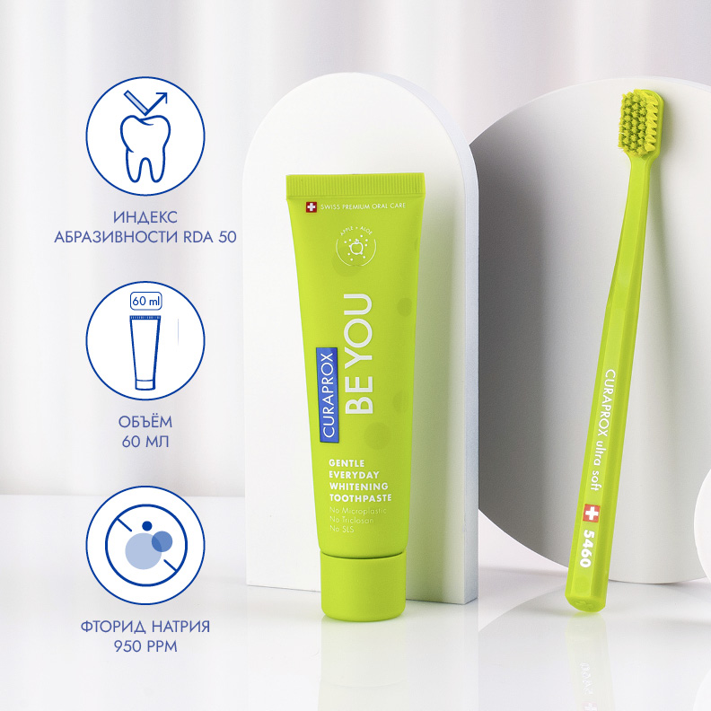 Отбеливающая зубная паста Curaprox Be You со вкусом яблока и алоэ, 60 мл
