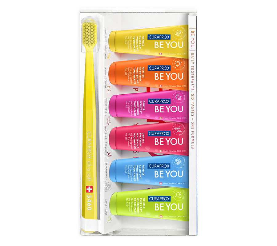 Набор отбеливающих зубных паст Curaprox Be You 6 вкусов + зубная щетка Curaprox 5460 Ultra Soft