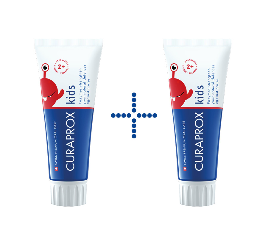 Зубная паста Curaprox Kids 950 ppm со вкусом клубники (с 2 лет), 60 мл (2 шт. + татуировка)