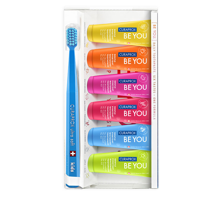 Набор отбеливающих зубных паст Curaprox Be You 6 вкусов + зубная щетка Curaprox Kids 5500 Ultra Soft (синяя)