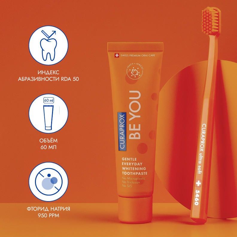 Отбеливающая зубная паста Curaprox Be You со вкусом персика и абрикоса, 60 мл