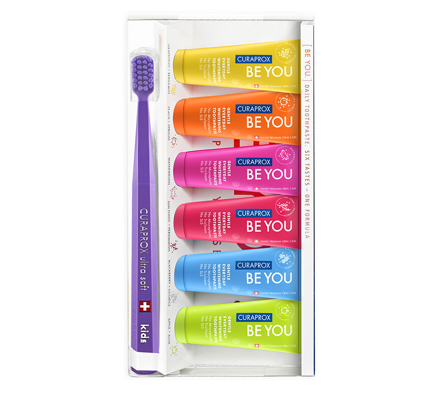 Набор отбеливающих зубных паст Curaprox Be You 6 вкусов + зубная щетка Curaprox Kids 5500 Ultra Soft (фиолетовая)