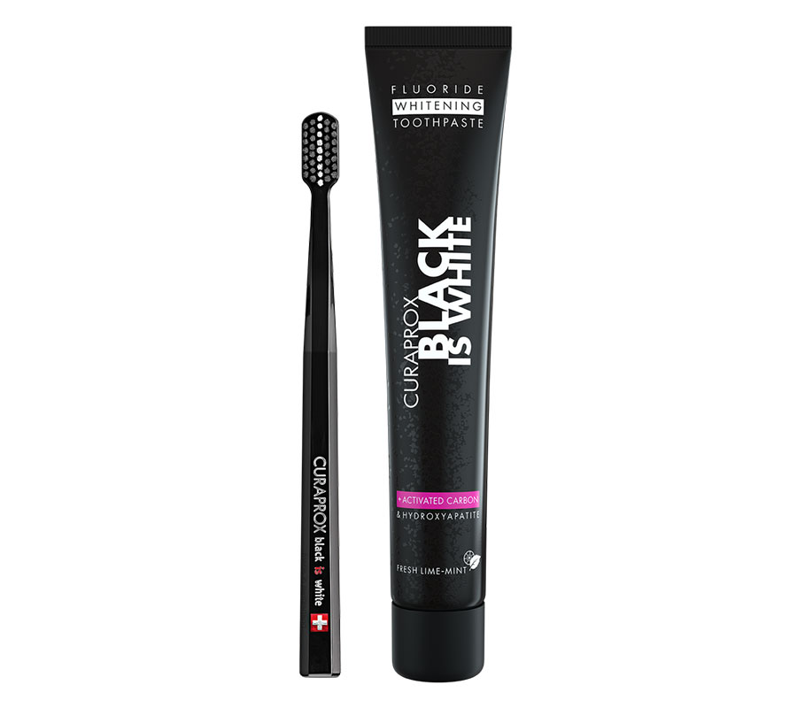 Отбеливающая зубная паста Curaprox Black Is White + зубная щетка Curaprox 8760, черная